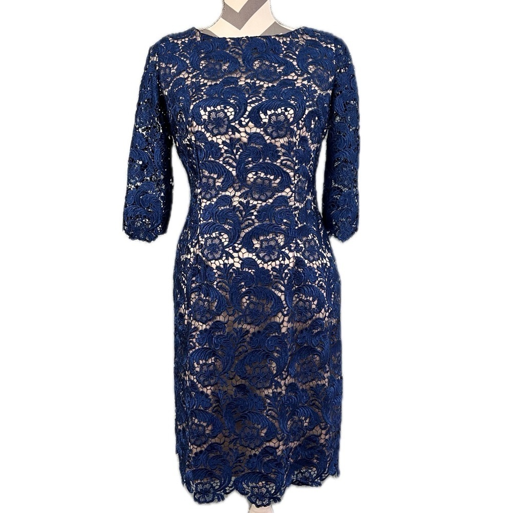 Eliza J Navy Lace Sheath Dress - Size 6 | Wedding Guest Cocktail Elegant - Picture 2 of 10